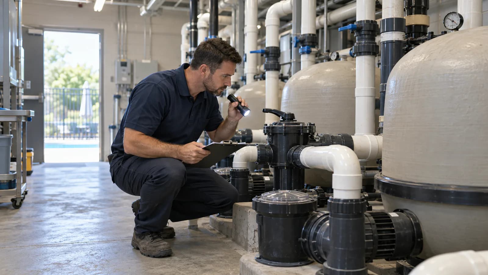 Pool technician inspecting circulation equipment in a commercial aquatic facility utility room