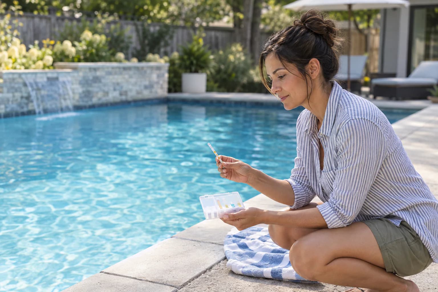 Homeowner comparing a pool-water test strip with a color chart beside the pool