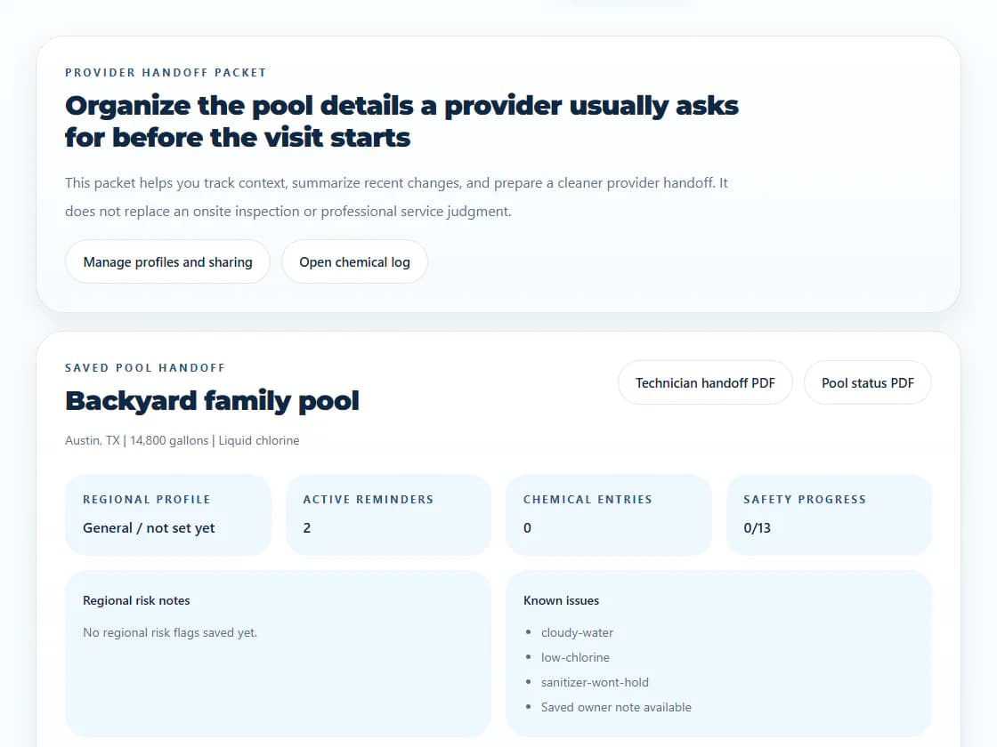 AvenBlu provider handoff packet with synthetic pool details and service context