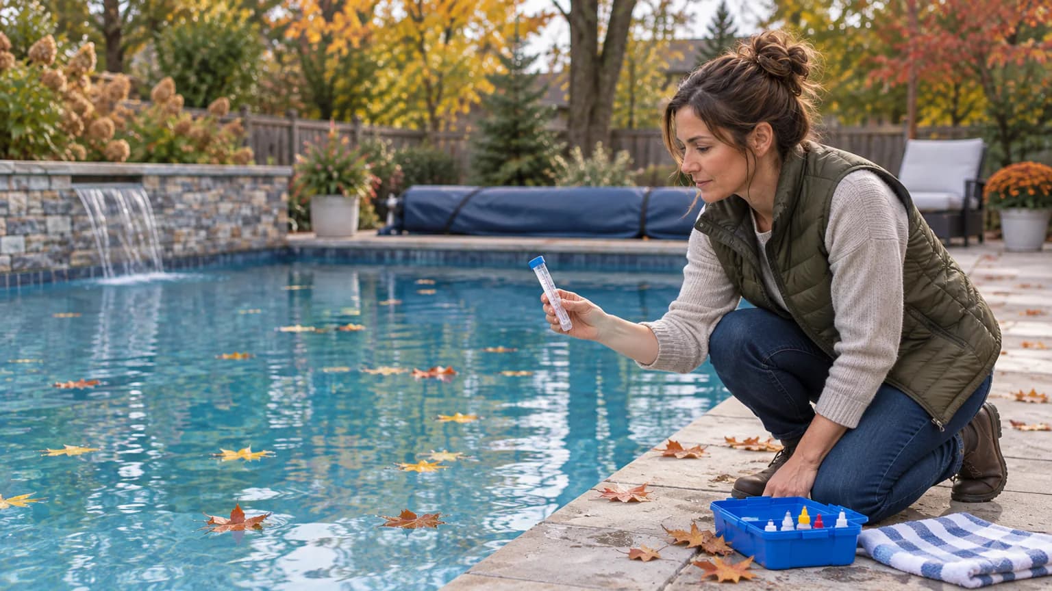 Homeowner checking pool water during autumn closing preparation