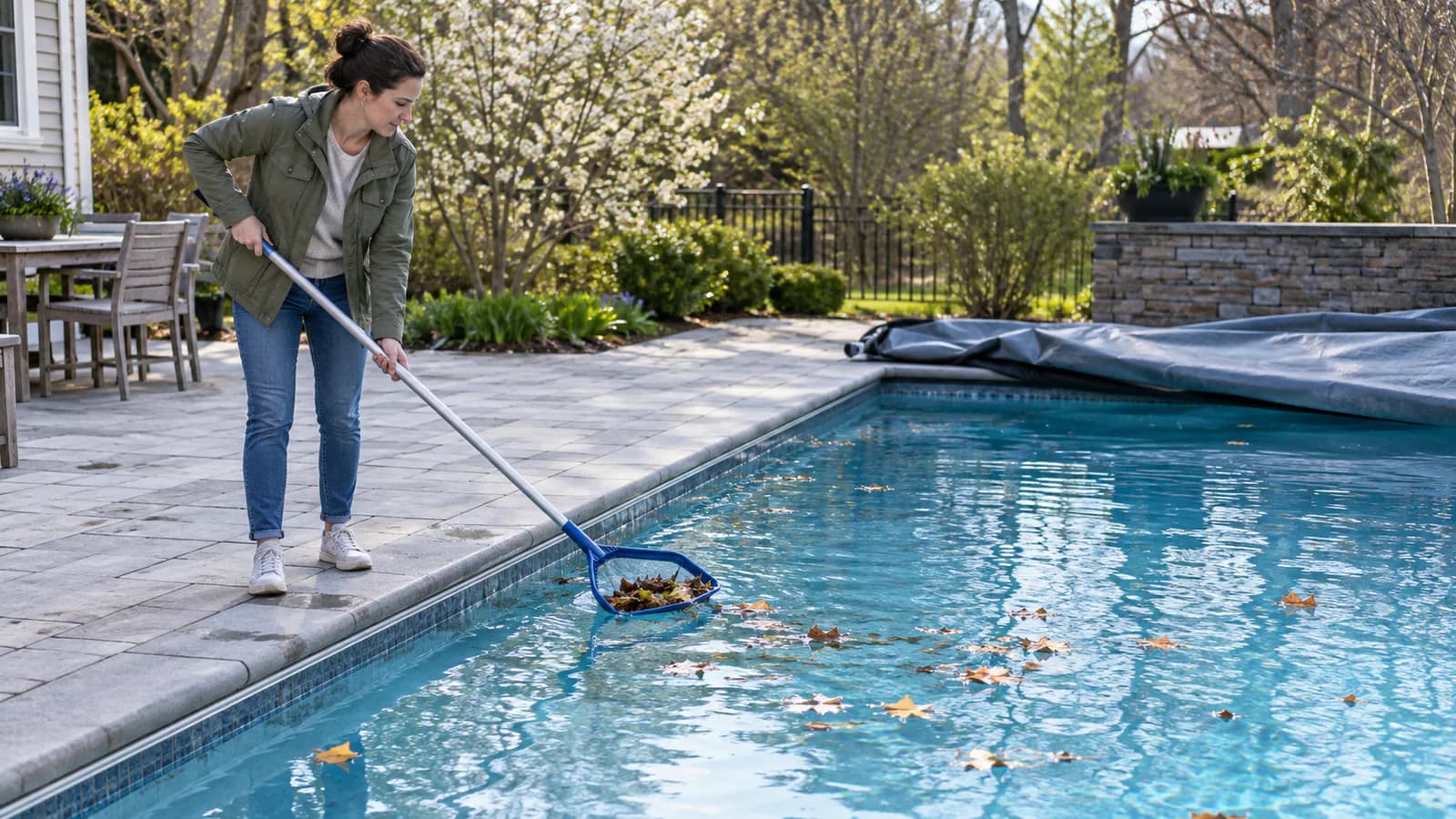 Homeowner skimming winter leaves from a recently uncovered pool in early spring