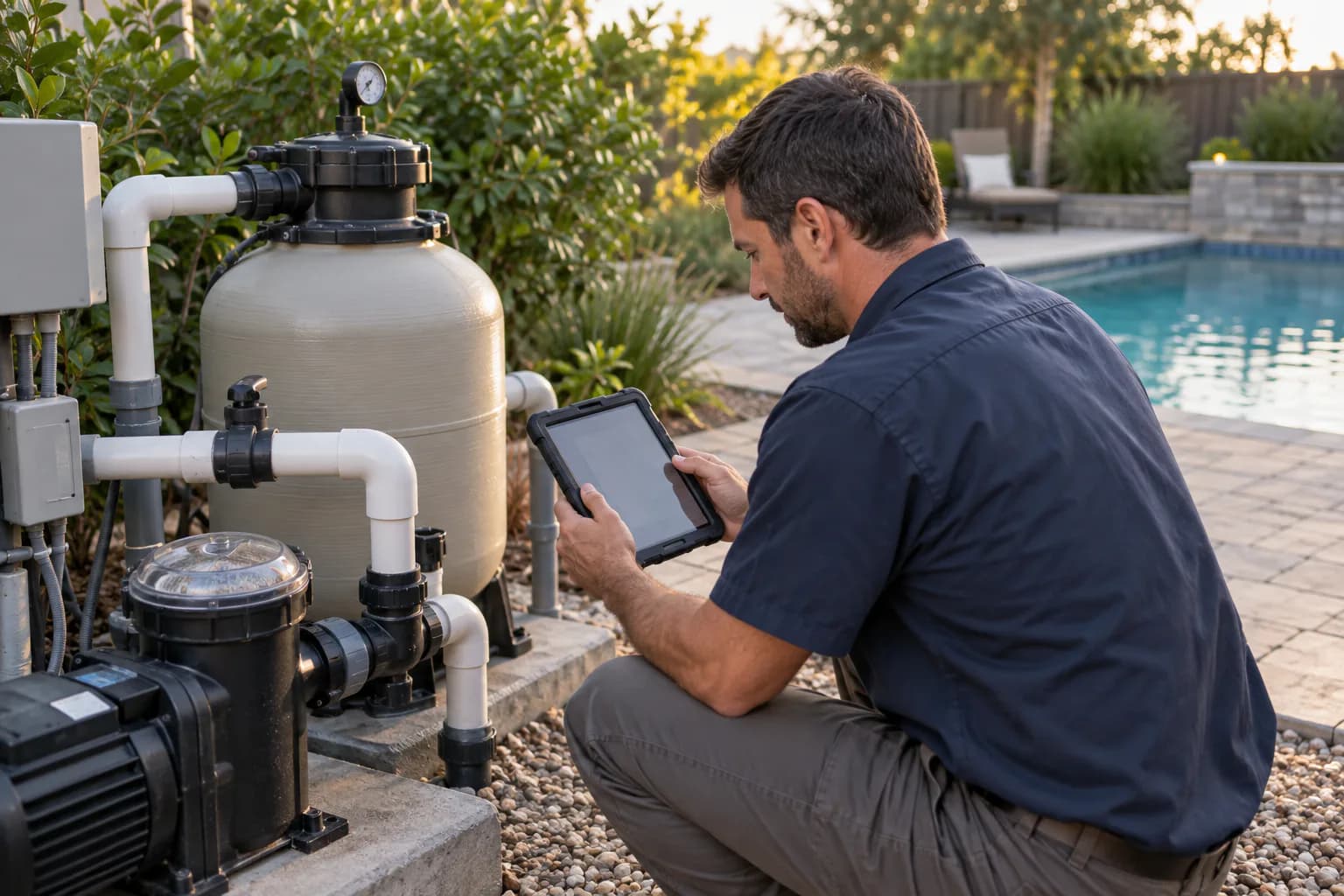 Pool technician documenting residential equipment condition on a tablet during a service visit