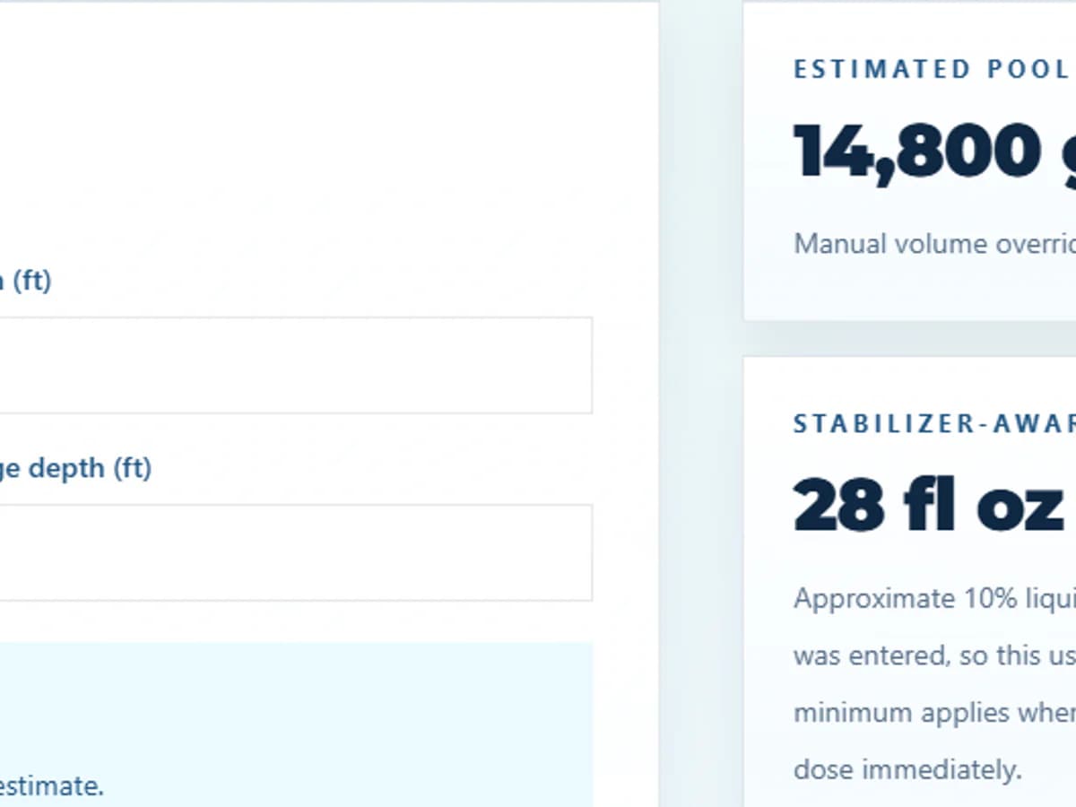 Avenblu Pool Calculator showing pool dimensions and conservative dose estimates
