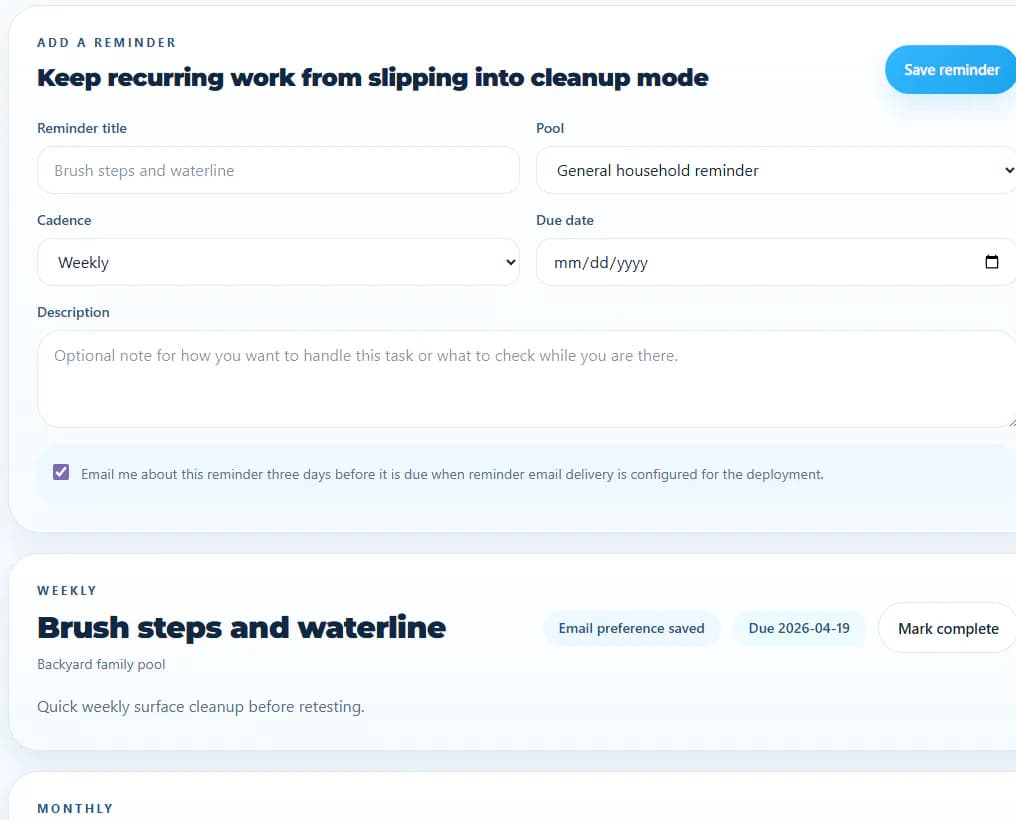 Avenblu reminders showing recurring pool care tasks using synthetic demo data